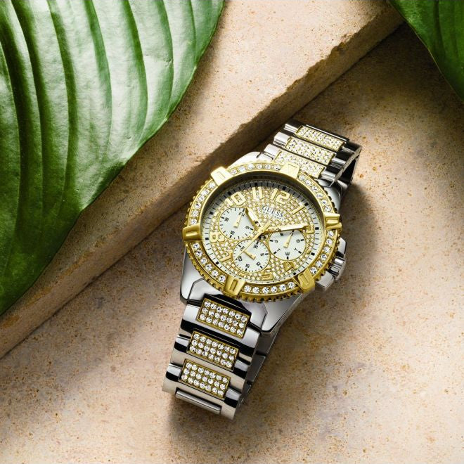  Shop Authentic Guess Frontier Chronograph Crystals Silver Dial Two Tone Steel Strap Watch for Men - W0799G4 - Luxxuri