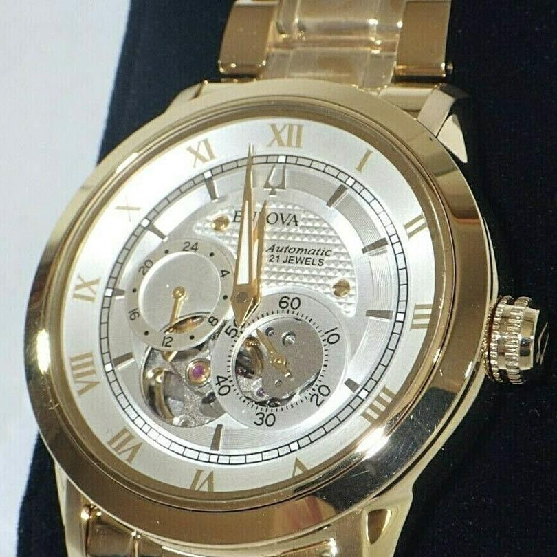  Shop Authentic Bulova BVA Skeleton Silver Dial Gold Steel Strap Watch for Men - 97A108 - Luxxuri