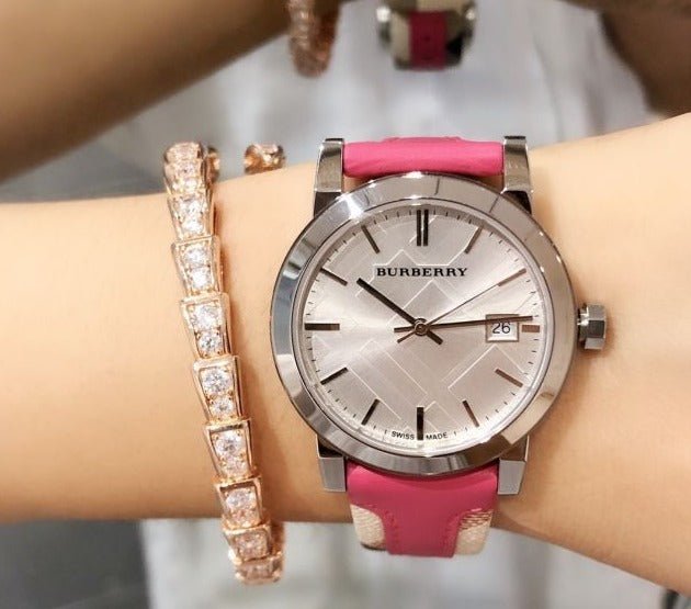  Shop Authentic Burberry The City White Dial Haymarket Pink Leather Strap Watch for Women - BU9149 - Luxxuri