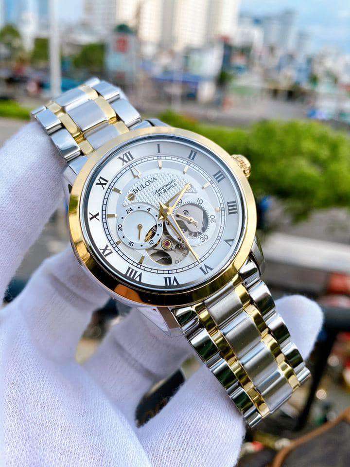  Shop Authentic Bulova BVA Skeleton Silver Dial Two Tone Steel Strap Watch for Men - 98A230 - Luxxuri