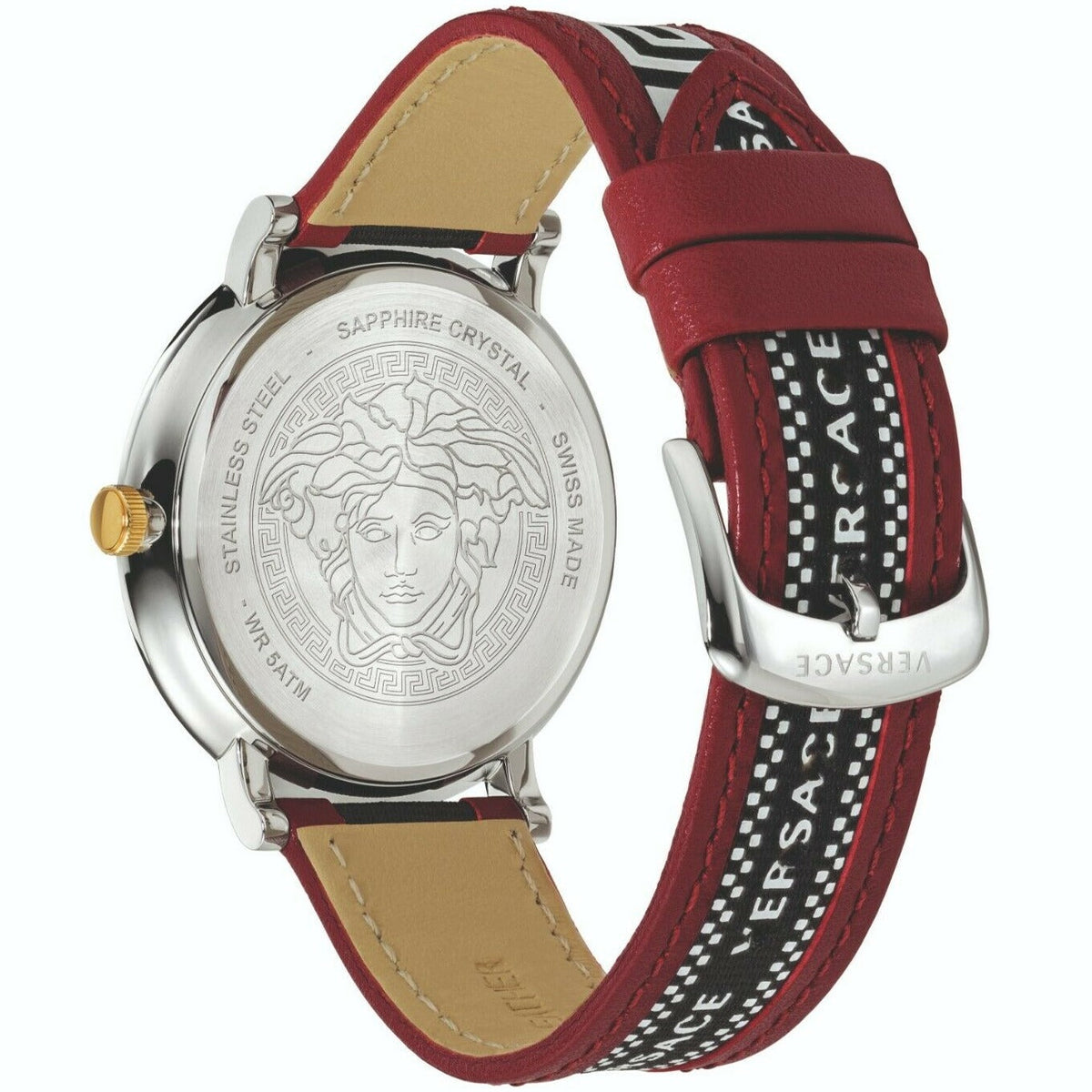  Shop Authentic Versace V Circle Silver Dial Two Tone Leather Strap Watch for Men - VEBQ01319 - Luxxuri