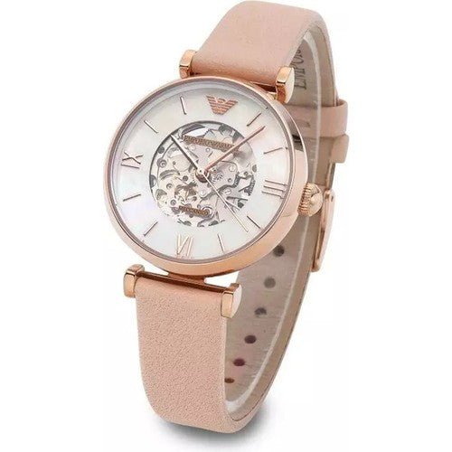  Shop Authentic Emporio Armani Meccanico Silver Skeleton Dial Beige Leather Strap Watch For Women - AR60001 - Luxxuri