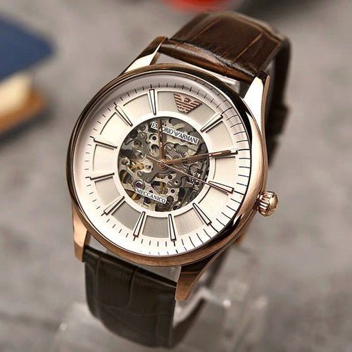  Shop Authentic Emporio Armani Epoca White Skeletal Dial Black Leather Strap Watch For Men - AR2073 - Luxxuri