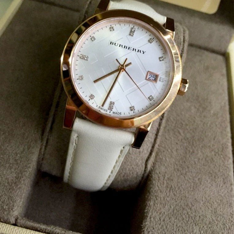  Shop Authentic Burberry The City Diamonds White Dial White Leather Strap Watch for Women - BU9130 - Luxxuri