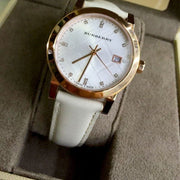  Shop Authentic Burberry The City Diamonds White Dial White Leather Strap Watch for Women - BU9130 - Luxxuri