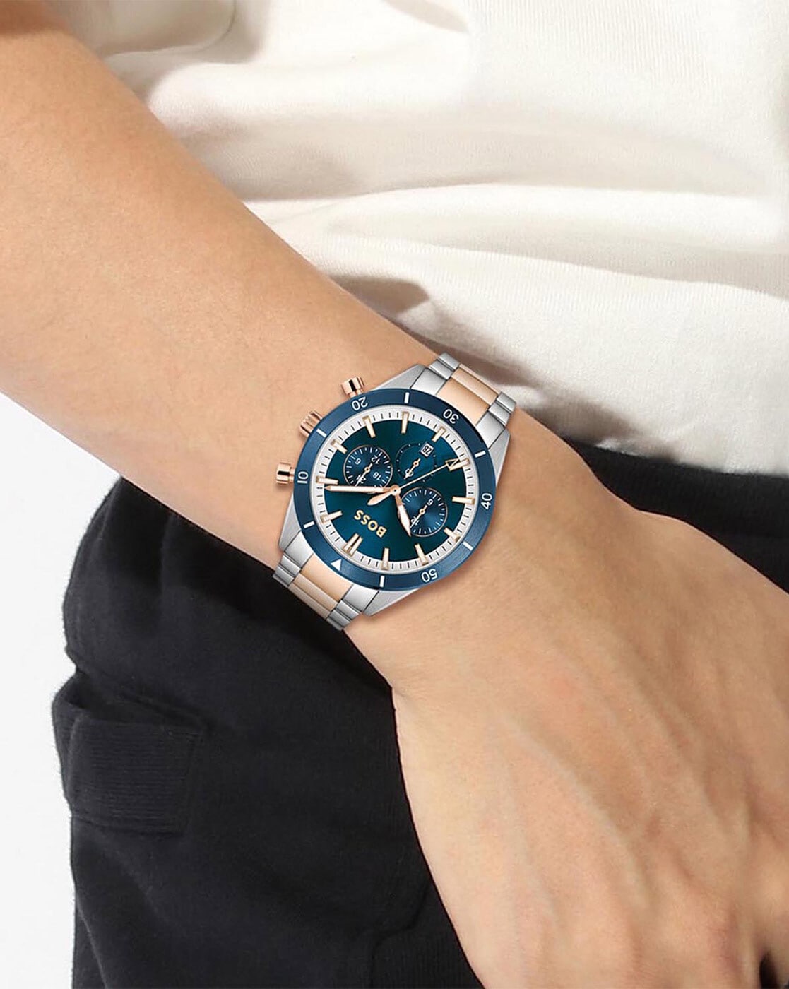  Shop Authentic Hugo Boss Santiago Blue Dial Two Tone Steel Strap Watch for Men - 1513937 - Luxxuri