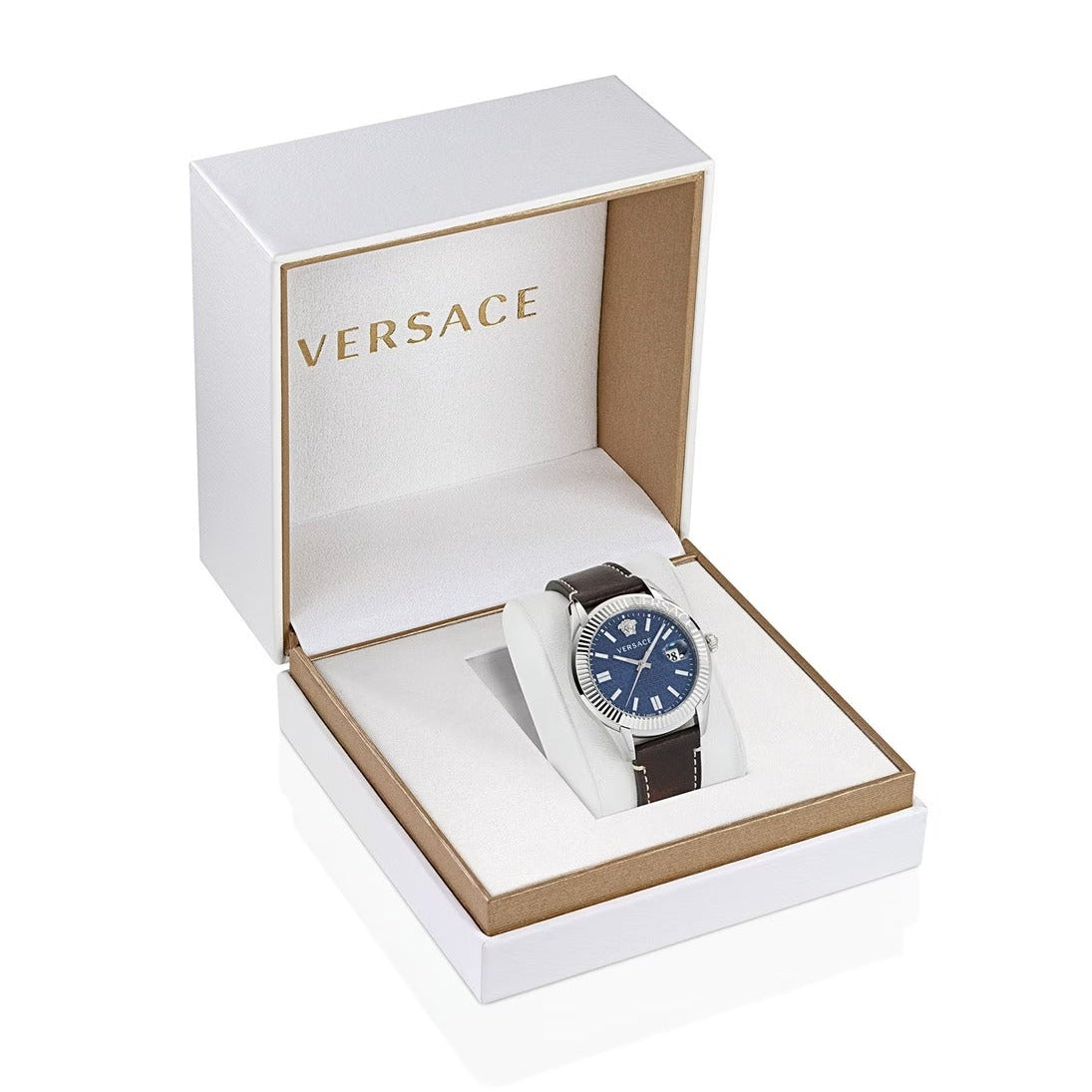  Shop Authentic Versace Greca Time Quartz Blue Dial Brown Leather Strap Watch For Men - VE3K00122 - Luxxuri
