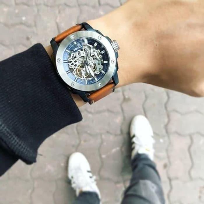  Shop Authentic Fossil Modern Machine Automatic Skeleton Silver Dial Brown Leather Strap Watch for Men - ME3135 - Luxxuri