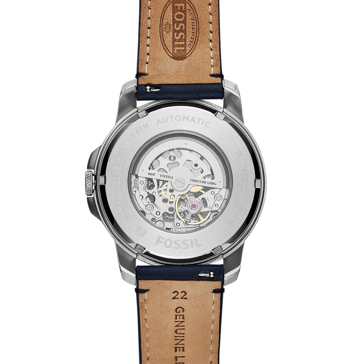  Shop Authentic Fossil Grant Automatic Skeleton Silver Dial Blue Leather Strap Watch for Men - ME3111 - Luxxuri