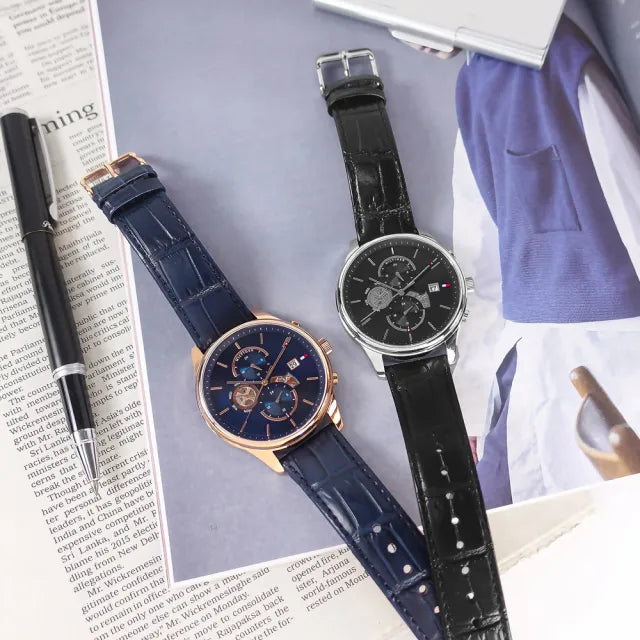  Shop Authentic Tommy Hilfiger Weston Chronograph Blue Dial Blue Leather Strap Watch For Men - 1710503 - Luxxuri