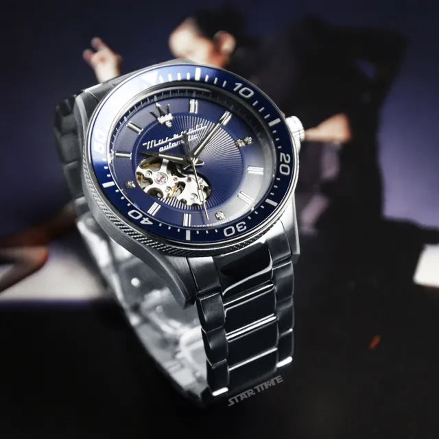  Shop Authentic Maserati SFIDA Automatic Skeleton Blue Dial Silver Steel Strap Watch For Men - R8823140007 - Luxxuri