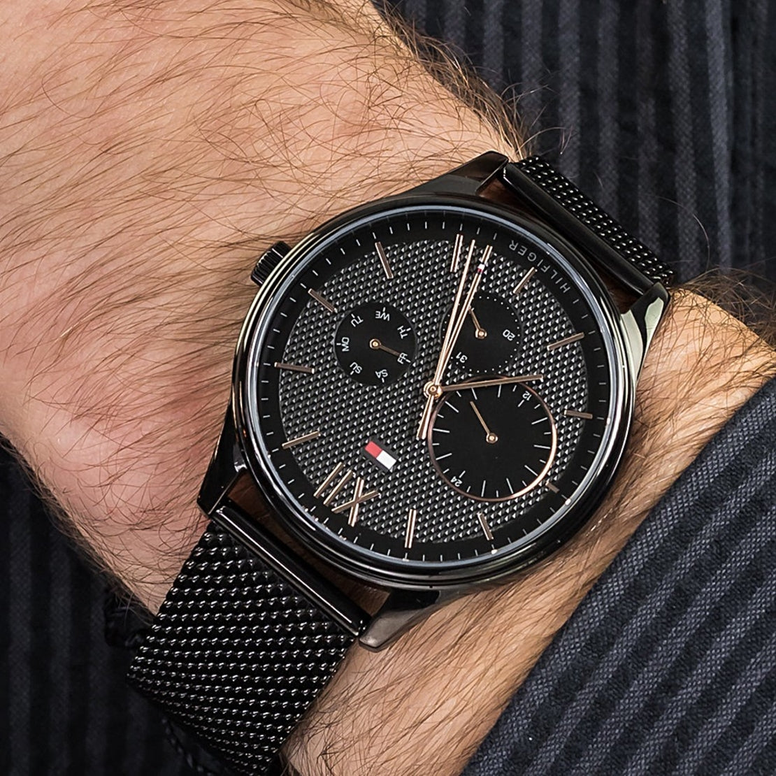  Shop Authentic Tommy Hilfiger Damon Quartz Black Dial Black Mesh Bracelet Watch for Men - 1791420 - Luxxuri