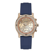  Shop Authentic Guess Confetti Diamonds Gold Dial Blue Rubber Strap Watch For Women - W1098L6 - Luxxuri