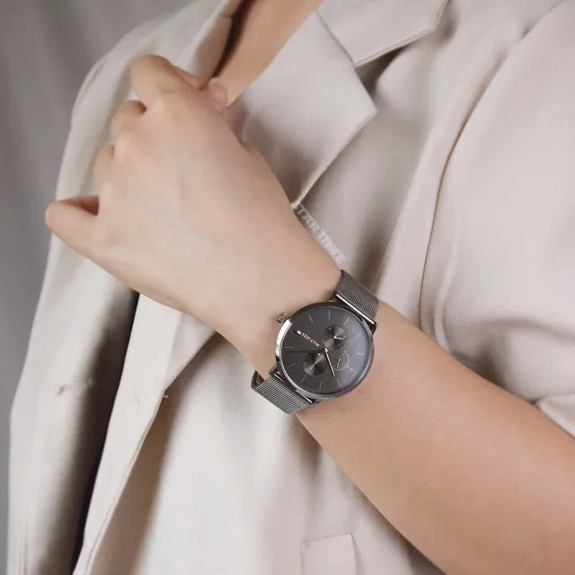  Shop Authentic Tommy Hilfiger Jenna Multifunction Grey Dial Grey Mesh Bracelet Watch For Women - 1781945 - Luxxuri