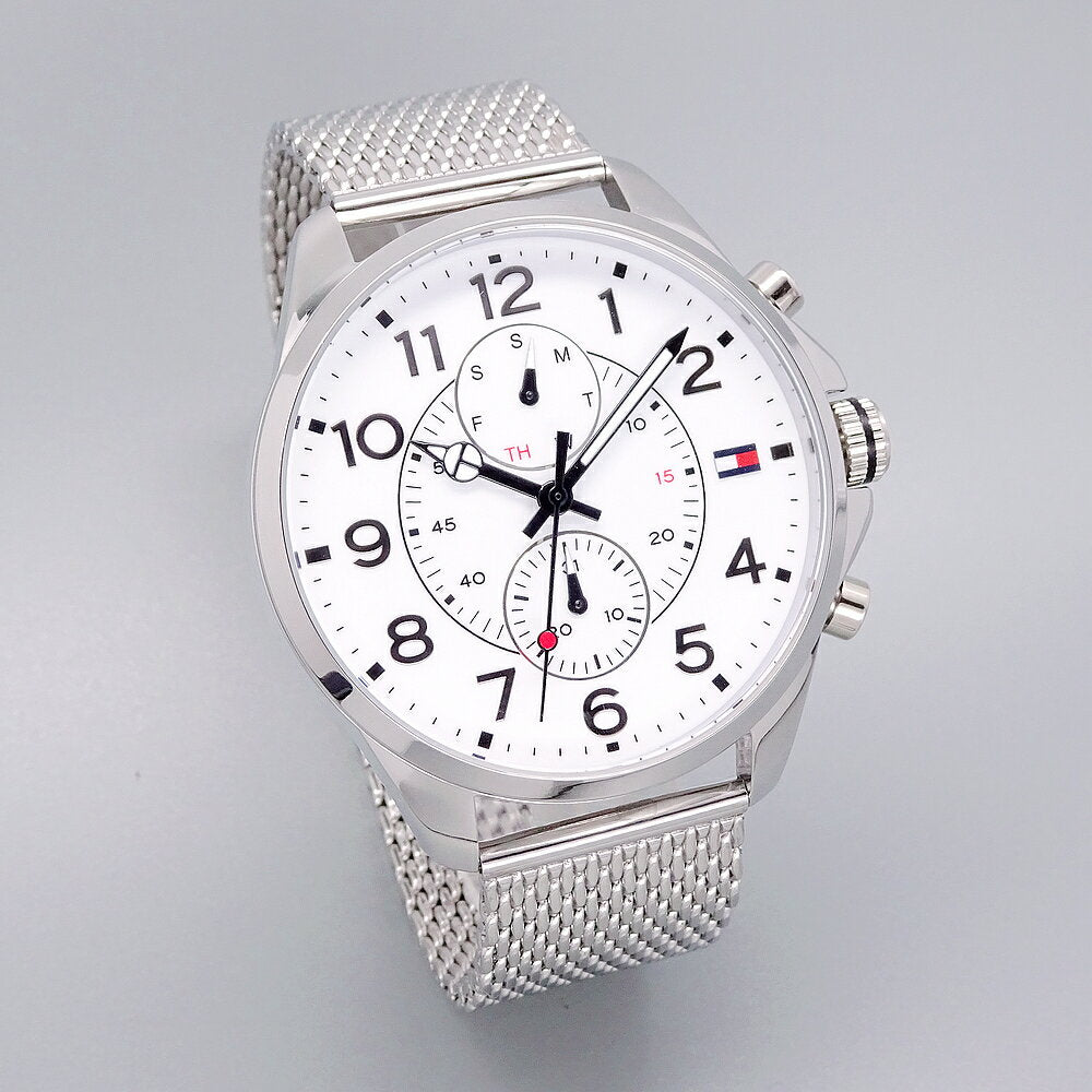 Shop Authentic Tommy Hilfiger Dean Chronograph White Dial Silver Mesh Bracelet Watch for Men - 1791277 - Luxxuri