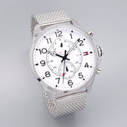  Shop Authentic Tommy Hilfiger Dean Chronograph White Dial Silver Mesh Bracelet Watch for Men - 1791277 - Luxxuri