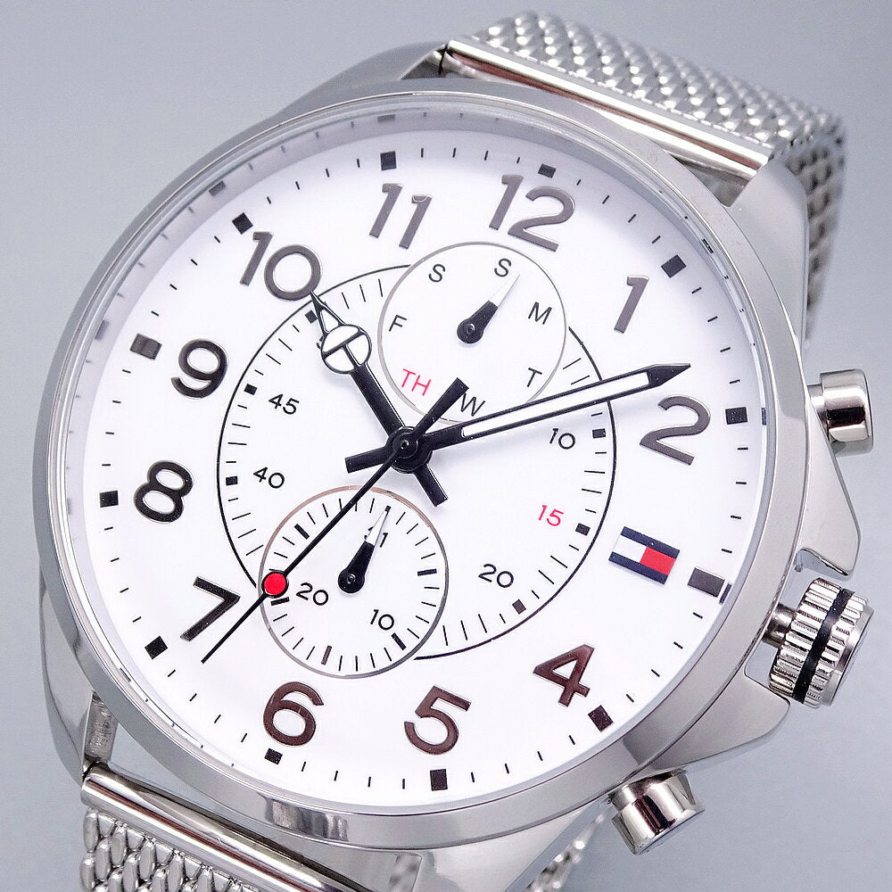  Shop Authentic Tommy Hilfiger Dean Chronograph White Dial Silver Mesh Bracelet Watch for Men - 1791277 - Luxxuri