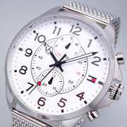  Shop Authentic Tommy Hilfiger Dean Chronograph White Dial Silver Mesh Bracelet Watch for Men - 1791277 - Luxxuri