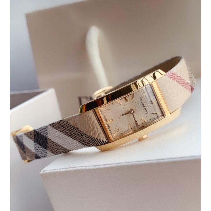 Shop Authentic Burberry Pioneer Gold Dial Haymarket Beige Leather Strap Watch for Women - BU9509 - Luxxuri