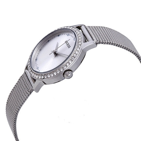  Shop Authentic Guess Chelsea Mother of Pearl White Dial Silver Mesh Strap Watch For Women - W0647L1 - Luxxuri