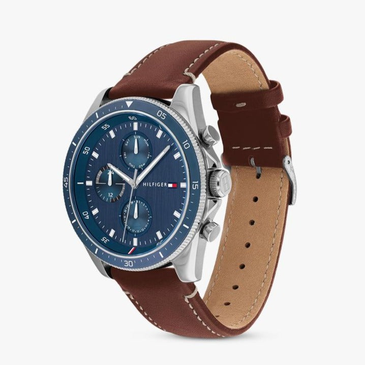  Shop Authentic Tommy Hilfiger Parker Chronograph Blue Dial Brown Leather Strap Watch For Men - 1791837 - Luxxuri
