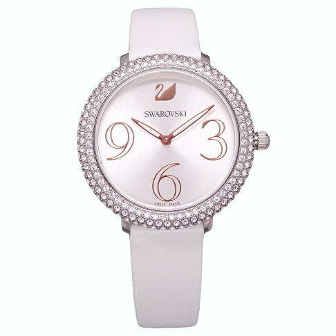  Shop Authentic Swarovski Crystal Frost Silver Dial White Leather Strap Watch for Women - 5484070 - Luxxuri