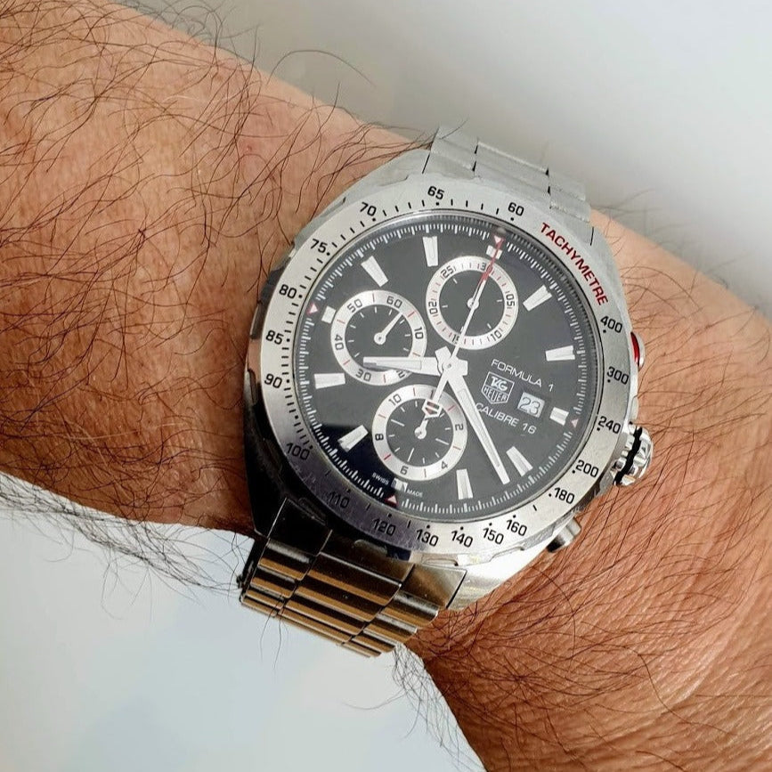  Shop Authentic Tag Heuer Formula 1 Calibre 16 Automatic Chronograph Black Dial Silver Steel Strap Watch for Men - CAZ2010.BA0876 - Luxxuri