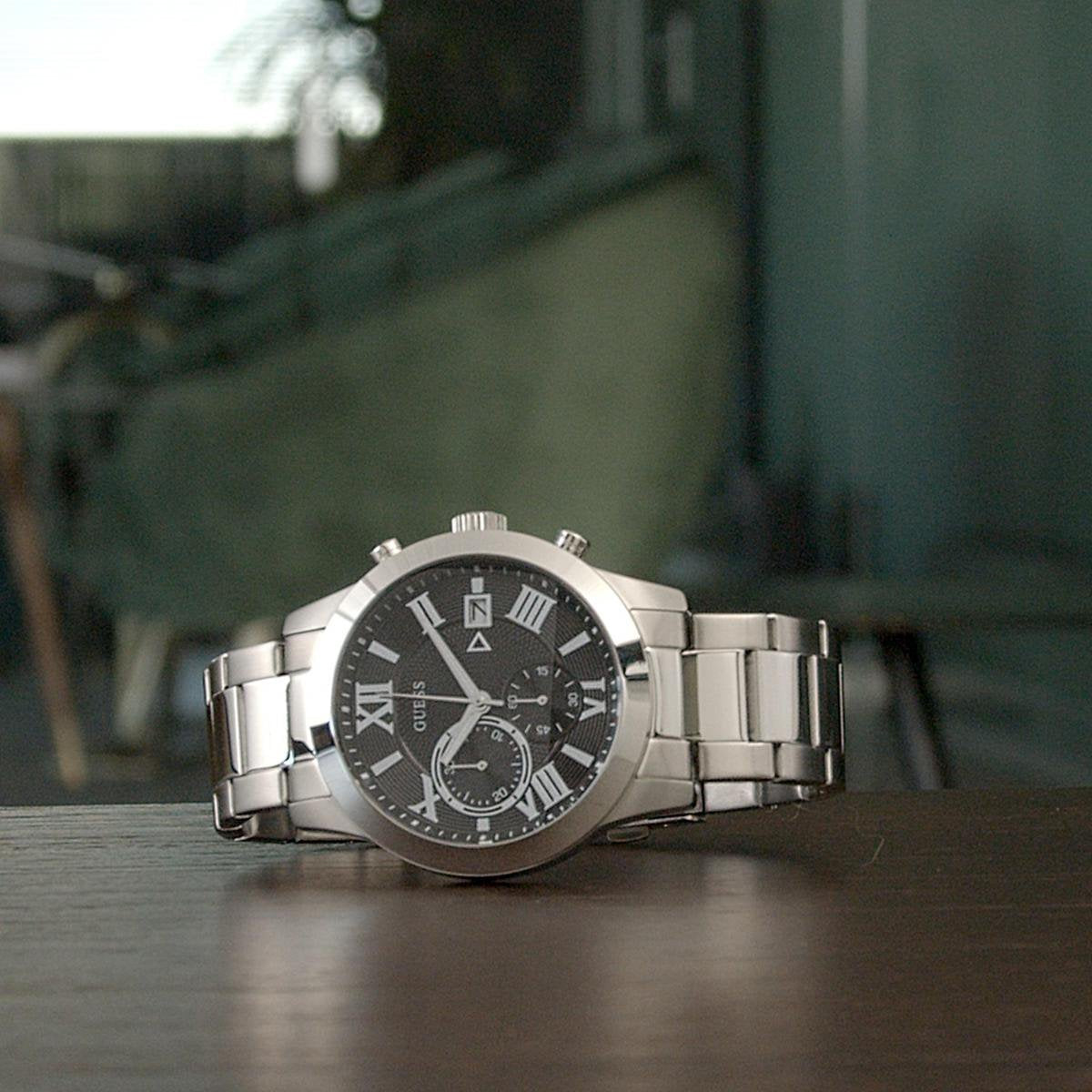  Shop Authentic Guess Atlas Chronograph Black Dial Silver Steel Strap Watch For Men - W0668G3 - Luxxuri