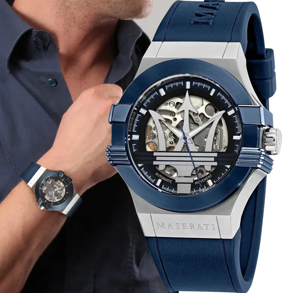  Shop Authentic Maserati Potenza Automatic Skeleton Dial Blue Rubber Strap Watch For Men - R8821108035 - Luxxuri