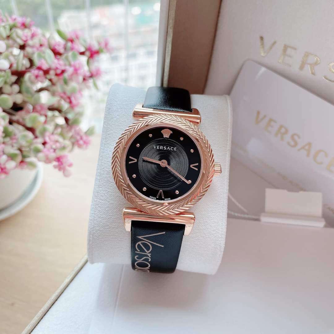  Shop Authentic Versace V-Motif Vintage Logo Black Dial Black Leather Strap Watch for Women - VERE00818 - Luxxuri