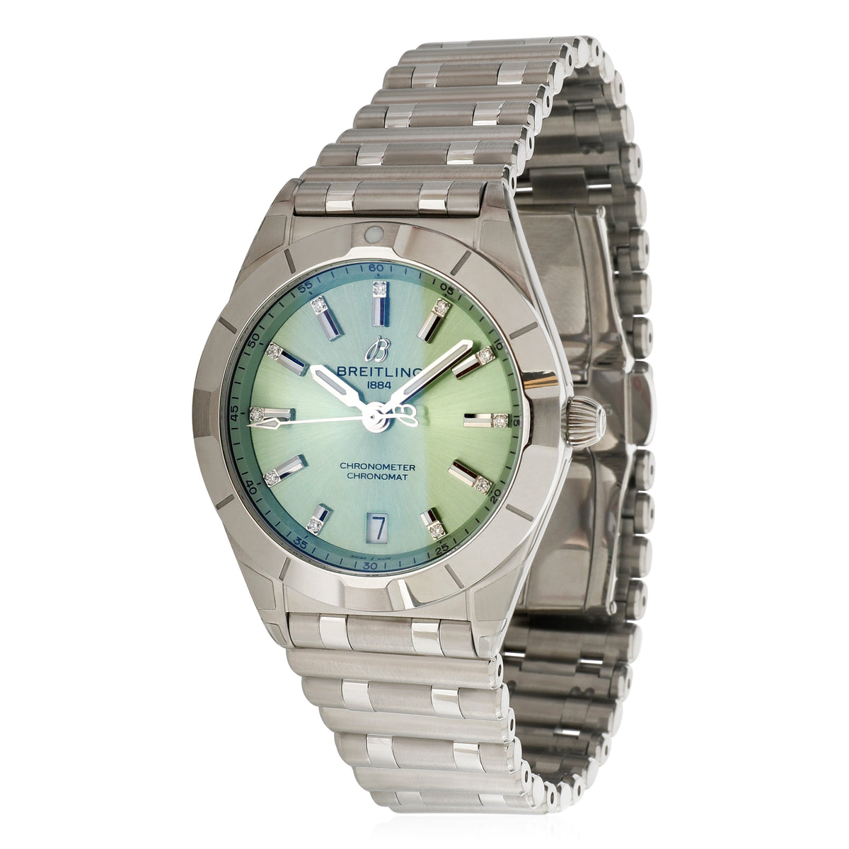  Shop Authentic Breitling Chronomat 32 Diamonds Green Dial Silver Steel Strap Watch for Women - A77310101L1A1 - Luxxuri