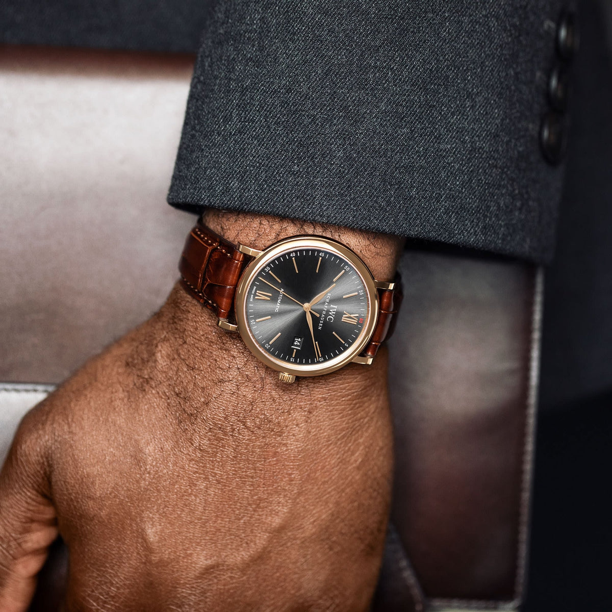  Shop Authentic IWC Portofino Automatic Grey Dial Brown Leather Strap Watch for Men - IW356511 - Luxxuri