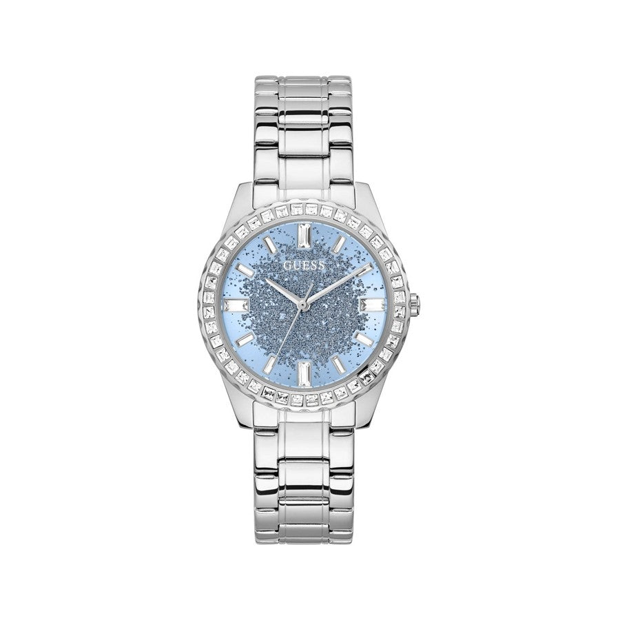  Shop Authentic Guess Glitter Burst Diamonds Blue Dial Silver Steel Strap Watch for Women - GW0405L1 - Luxxuri