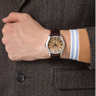  Shop Authentic Emporio Armani Classic Quartz Beige Dial Brown Leather Strap Watch For Men - AR0646 - Luxxuri