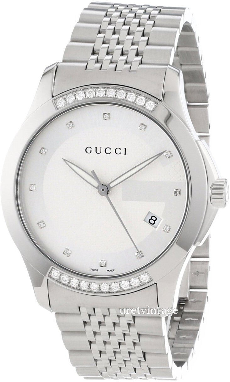  Shop Authentic Gucci G Timeless Diamonds Silver Dial Silver Steel Strap Watch For Men - YA126407 - Luxxuri