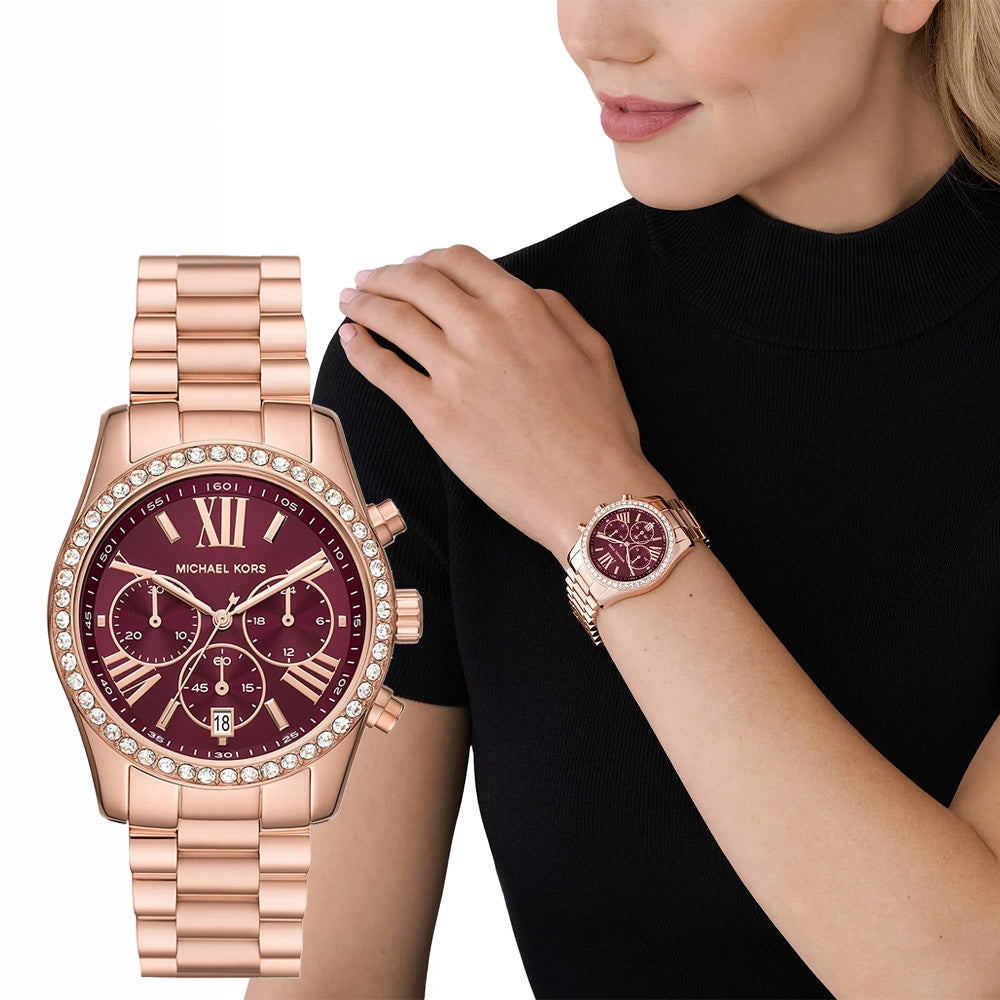 Shop Authentic Michael Kors Lexington Chronograph Red Dial Rose Gold Steel Strap Watch For Women - MK7275 - Luxxuri
