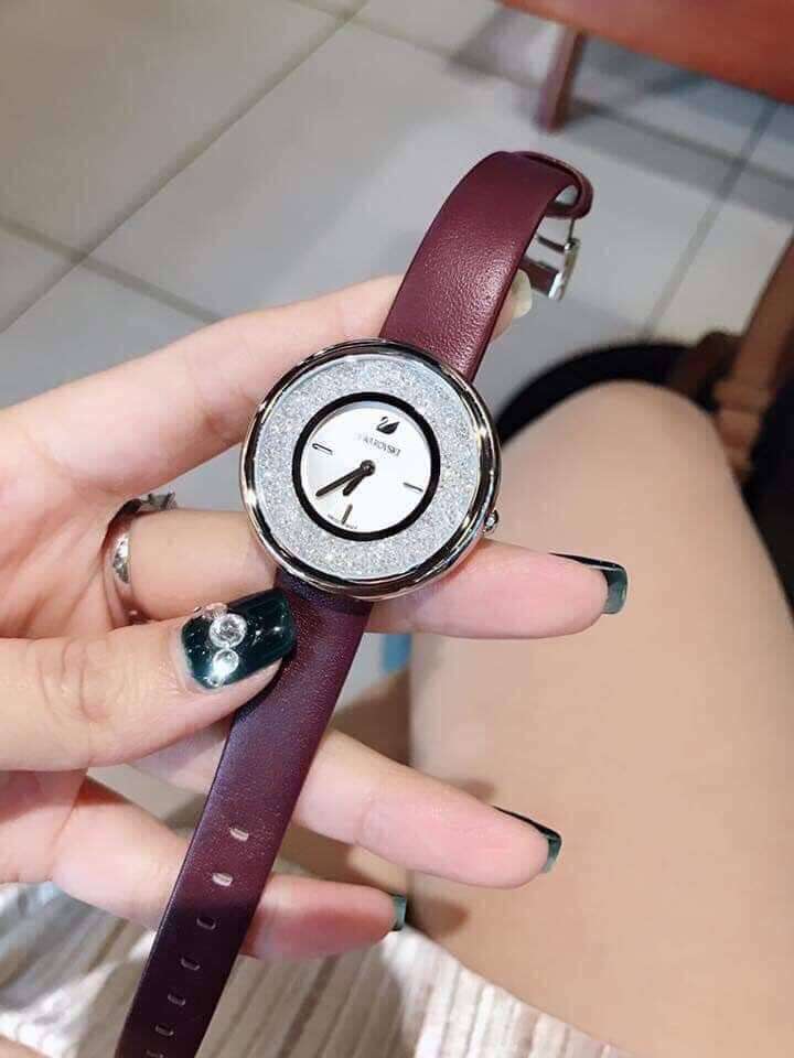  Shop Authentic Swarovski Crystalline Silver Dial Purple Leather Strap Watch for Women - 5295355 - Luxxuri