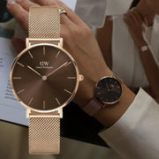  Shop Authentic Daniel Wellington Petite Melrose Brown Dial Rose Gold Mesh Strap Watch For Women - DW00100477 - Luxxuri