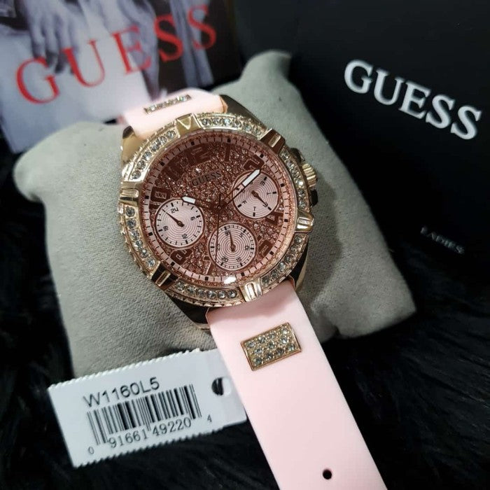  Shop Authentic Guess Frontier Diamonds Rose Gold Dial Pink Rubber Strap Watch For Women - W1160L5 - Luxxuri