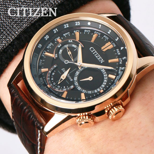  Shop Authentic Citizen Eco Drive Calendrier Black Dial Brown Leather StrapWatch For Men - BU2023-12E - Luxxuri
