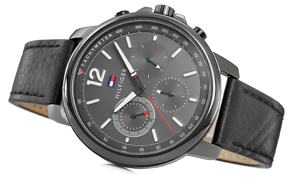  Shop Authentic Tommy Hilfiger London Chronograph Grey Dial Black Leather Strap Watch for Men - 1791533 - Luxxuri