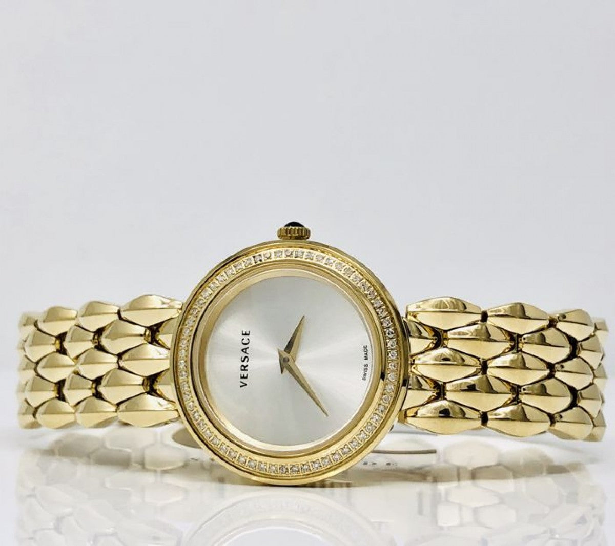  Shop Authentic Versace V Flare Diamonds Silver Dial Gold Steel Strap Watch for Women - VEBN00918 - Luxxuri
