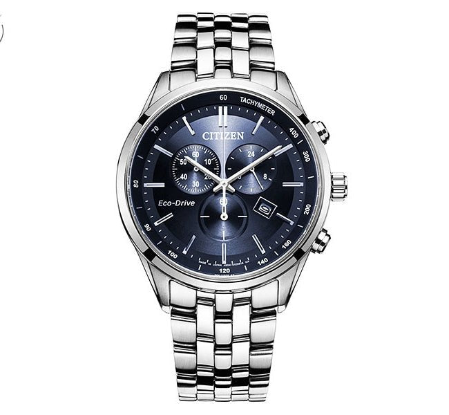  Shop Authentic Citizen Eco Drive Chronograph Blue Dial Silver Steel Strap Watch For Men - AT2140-55L - Luxxuri