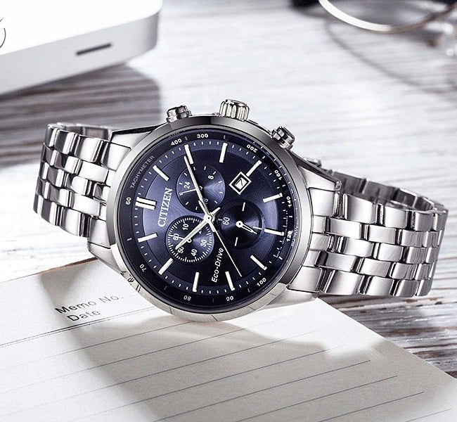  Shop Authentic Citizen Eco Drive Chronograph Blue Dial Silver Steel Strap Watch For Men - AT2140-55L - Luxxuri
