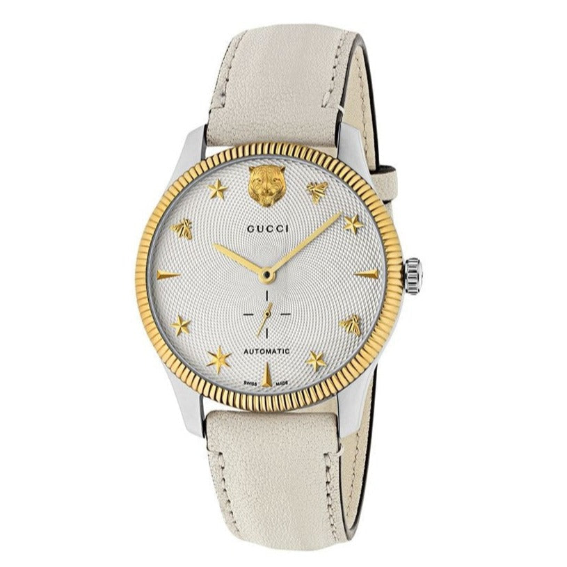  Shop Authentic Gucci G Timeless Automatic Silver Dial Beige Leather Strap Watch For Men - YA126348 - Luxxuri