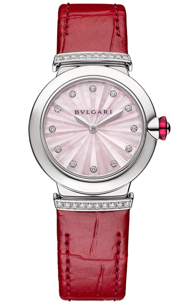  Shop Authentic Bvlgari Lvcea Intarsio Diamonds Mother of Pearl Pink Dial Red Leather Strap Watch for Women - LVCEA103619 - Luxxuri