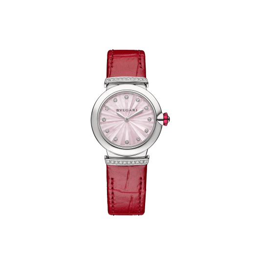  Shop Authentic Bvlgari Lvcea Intarsio Diamonds Mother of Pearl Pink Dial Red Leather Strap Watch for Women - LVCEA103619 - Luxxuri