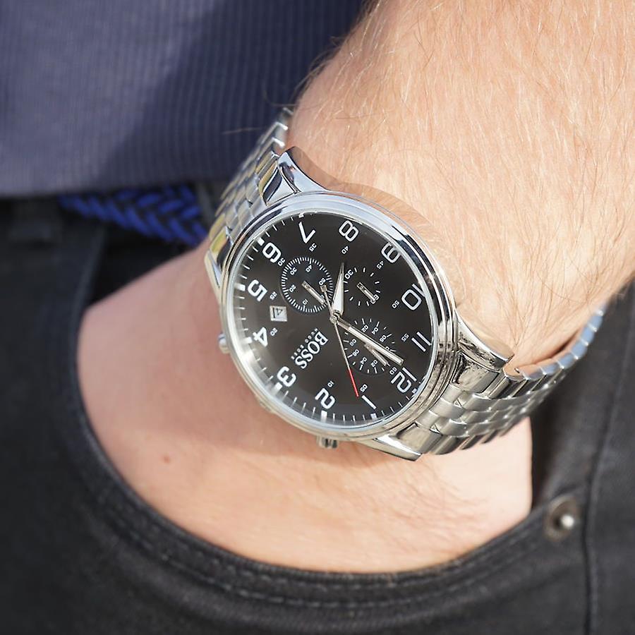  Shop Authentic Hugo Boss Aeroliner Chronograph Quartz Black Dial Silver Steel Strap Watch For Men - HB1512446 - Luxxuri