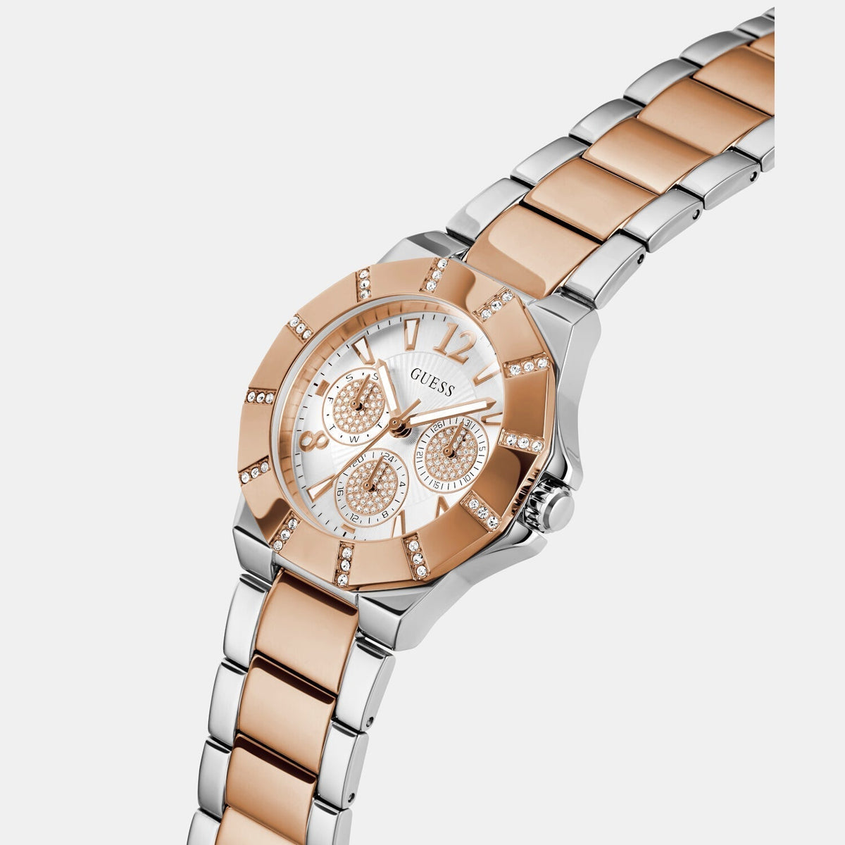  Shop Authentic Guess Sunray Multifunction Crystals Silver Dial Two Tone Steel Strap Watch For Women - GW0616L3 - Luxxuri