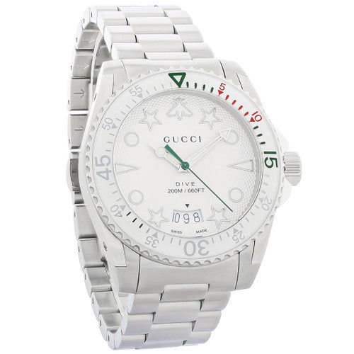  Shop Authentic Gucci Dive Quartz White Dial Silver Steel Strap Watch For Men - YA136336 - Luxxuri